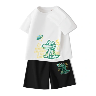 Bộ đồ áo thun bé trai cotton 100% mềm mại, mát mẻ, in cá sấu, quần short ngắn tay thời trang 2