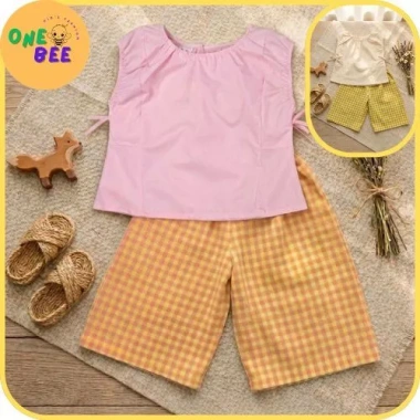 Bộ Đồ Bé Gái Áo Sát Nách Nơ Sườn + Quần Cotton Caro - Mát Mẻ, Thoải Mái, Giá 135k