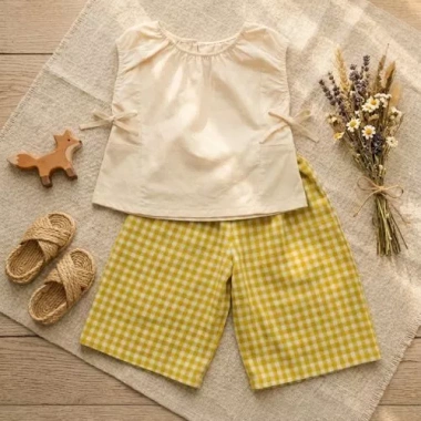 Bộ Đồ Bé Gái Áo Sát Nách Nơ Sườn + Quần Cotton Caro - Mát Mẻ, Thoải Mái, Giá 135k 2