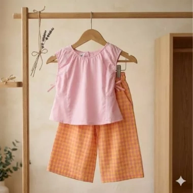 Bộ Đồ Bé Gái Áo Sát Nách Nơ Sườn + Quần Cotton Caro - Mát Mẻ, Thoải Mái, Giá 135k 4