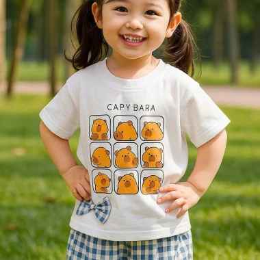 Bộ đồ bé gái áo thun Capybara và quần caro cotton thoáng mát, dễ thương, giá ưu đãi 188k