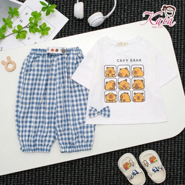 Bộ đồ bé gái áo thun Capybara và quần caro cotton thoáng mát, dễ thương, giá ưu đãi 188k