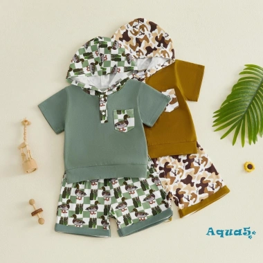 Bộ đồ bé trai Aqua Toddler mùa hè quần short in hình động vật tay ngắn mũ trùm đầu 2 mảnh giá ưu đãi