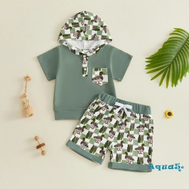Bộ đồ bé trai Aqua Toddler mùa hè quần short in hình động vật tay ngắn mũ trùm đầu 2 mảnh giá ưu đãi