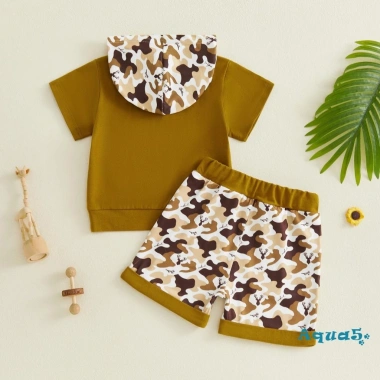 Bộ đồ bé trai Aqua Toddler mùa hè quần short in hình động vật tay ngắn mũ trùm đầu 2 mảnh giá ưu đãi