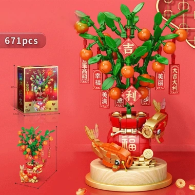 Bộ đồ chơi xếp hình Cây Quất Kim Tiền kèm hộp nhạc, mô hình lắp ráp Tài Lộc, quà Tết cho bé 215k