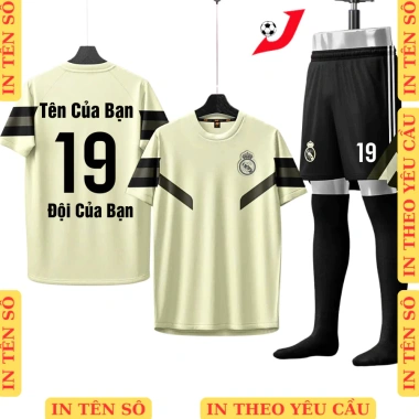 Bộ Đồ Đá Bóng Real Madrid CLB trẻ em, người lớn màu kem - in tên số theo yêu cầu, giảm còn 57.710₫