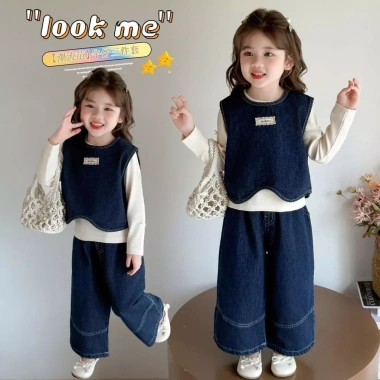 Bộ đồ denim ba mảnh cho bé gái mùa thu - phong cách Hàn Quốc thời trang giảm giá lớn