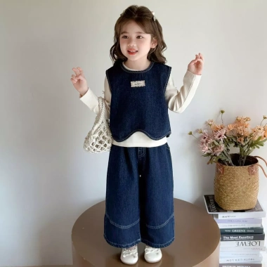 Bộ đồ denim ba mảnh cho bé gái mùa thu - phong cách Hàn Quốc thời trang giảm giá lớn