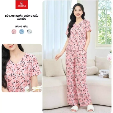 Bộ đồ mặc nhà nữ CARDINA chất lanh, cổ tim, tay ngắn, quần suông gấu áo bèo - 295.000₫