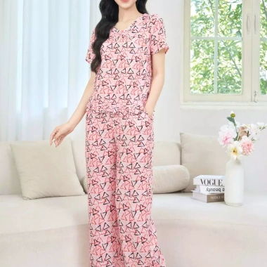 Bộ đồ mặc nhà nữ CARDINA chất lanh, cổ tim, tay ngắn, quần suông gấu áo bèo - 295.000₫