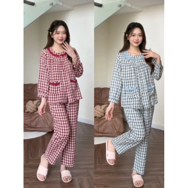 Bộ đồ mặc nhà nữ kẻ caro SUNA cổ nhún bèo, cotton mềm mịn, thấm hút mồ hôi - 231,400₫