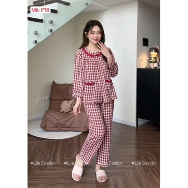 Bộ đồ mặc nhà nữ kẻ caro SUNA cổ nhún bèo, cotton mềm mịn, thấm hút mồ hôi - 231,400₫