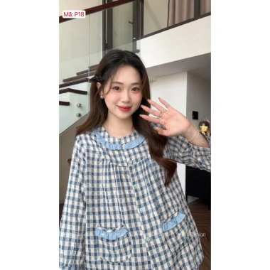 Bộ đồ mặc nhà nữ kẻ caro SUNA cổ nhún bèo, cotton mềm mịn, thấm hút mồ hôi - 231,400₫ 6 Bộ đồ mặc nhà nữ kẻ caro SUNA cổ nhún bèo, cotton mềm mịn, thấm hút mồ hôi - 231,400₫ 6