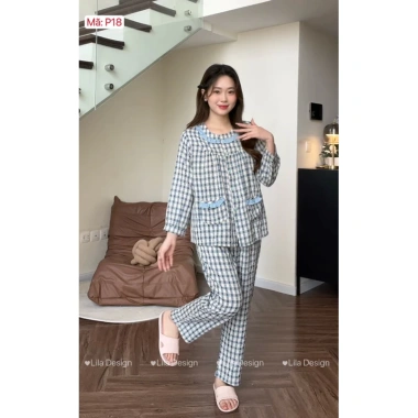 Bộ đồ mặc nhà nữ kẻ caro SUNA cổ nhún bèo, cotton mềm mịn, thấm hút mồ hôi - 231,400₫
