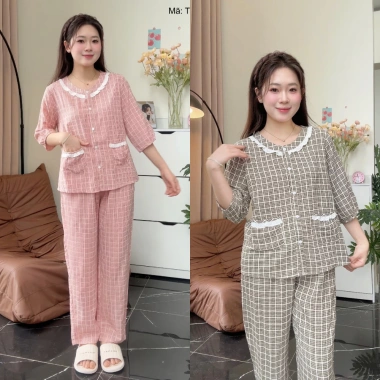 Bộ đồ mặc nhà tay lỡ ren kẻ caro cao cấp, mềm mịn, mát nhẹ, giá ưu đãi 248k