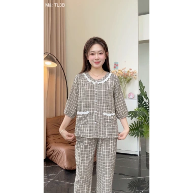 Bộ đồ mặc nhà tay lỡ ren kẻ caro cao cấp, mềm mịn, mát nhẹ, giá ưu đãi 248k