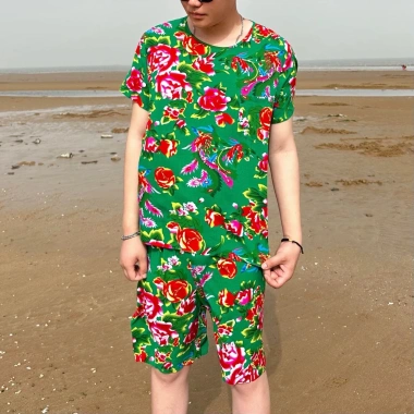 Bộ đồ nam nữ Bigsize thun cotton quần đùi áo + cộc tay in 3D chim công phượng cá tính, giá 99k