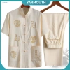 Bộ đồ nam Trung Quốc YYR - Áo sơ mi thêu cổ điển tay ngắn, quần ống rộng eo co giãn, phù hợp trung niên, giảm 20%