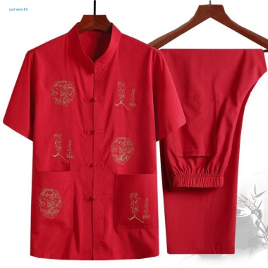Bộ đồ nam Trung Quốc YYR - Áo sơ mi thêu cổ điển tay ngắn, quần ống rộng eo co giãn, phù hợp trung niên, giảm 20% 2