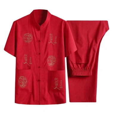 Bộ đồ nam Trung Quốc YYR - Áo sơ mi thêu cổ điển tay ngắn, quần ống rộng eo co giãn, phù hợp trung niên, giảm 20% 10