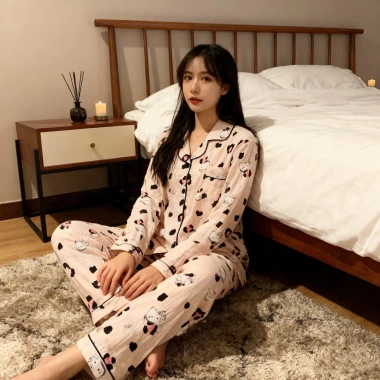 Bộ Đồ Ngủ Cotton Hello Kitty Họa Tiết Da Báo Thiết Kế Mỏng Thích Hợp Thu Đông Giá Ưu Đãi 148.658 VND