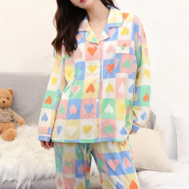 Bộ đồ ngủ cotton nguyên chất họa tiết trái tim caro - Thiết kế mỏng dài tay, thoáng mát cho mùa đông - Giá ưu đãi 148.658₫