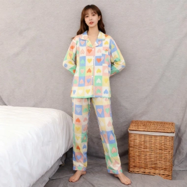 Bộ đồ ngủ cotton nguyên chất họa tiết trái tim caro - Thiết kế mỏng dài tay, thoáng mát cho mùa đông - Giá ưu đãi 148.658₫