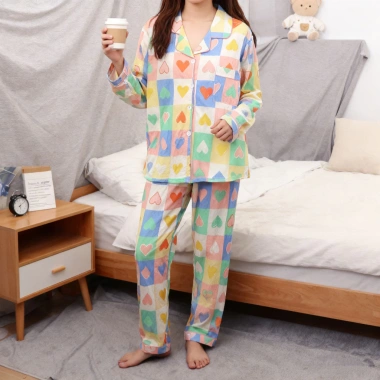 Bộ đồ ngủ cotton nguyên chất họa tiết trái tim caro - Thiết kế mỏng dài tay, thoáng mát cho mùa đông - Giá ưu đãi 148.658₫