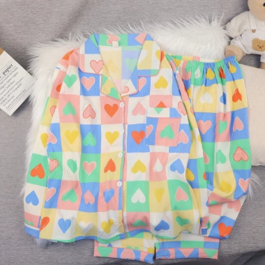 Bộ đồ ngủ cotton nguyên chất họa tiết trái tim caro - Thiết kế mỏng dài tay, thoáng mát cho mùa đông - Giá ưu đãi 148.658₫