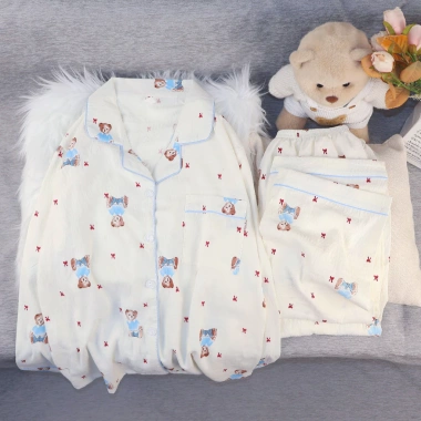 Bộ đồ ngủ cotton nguyên chất họa tiết trái tim caro - Thiết kế mỏng dài tay, thoáng mát cho mùa đông - Giá ưu đãi 148.658₫