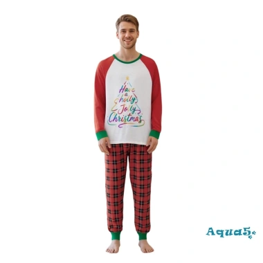 Bộ đồ ngủ dài tay Aqua-Family 2 chiếc, in chữ Giáng sinh, quần kẻ sọc - 326.160 VND