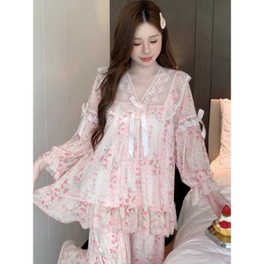 Bộ đồ ngủ dài tay cổ V ren lưới công chúa có đệm ngực QCCC A12 giá sale 323.000 VND 5