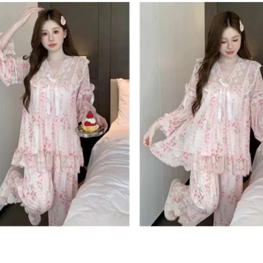 Bộ đồ ngủ dài tay cổ V ren lưới công chúa có đệm ngực QCCC A12 giá sale 323.000 VND 8