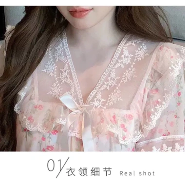 Bộ đồ ngủ dài tay cổ V ren lưới công chúa có đệm ngực QCCC A12 giá sale 323.000 VND 9