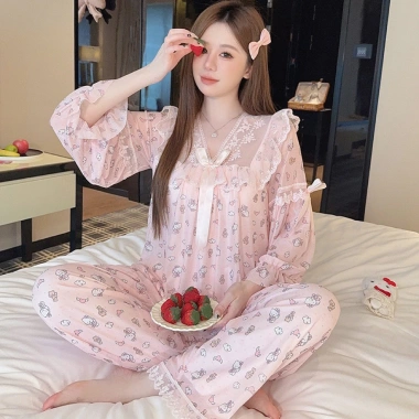 Bộ đồ ngủ dài tay cổ V ren, quần lửng công chúa - QCCC A12 giá ưu đãi 323k 3