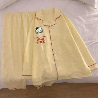 Bộ Đồ Ngủ Dài Tay Nữ Ô Vàng Hello Kitty - Cotton Mây Nhẹ, Bánh Bèo, Giá 155k