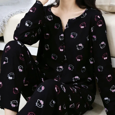Bộ đồ ngủ Hello Kitty cotton gân xuân thu 2 mảnh in hình đáng yêu, thoải mái, giá ưu đãi 147k