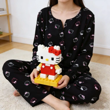 Bộ đồ ngủ Hello Kitty cotton gân xuân thu 2 mảnh in hình đáng yêu, thoải mái, giá ưu đãi 147k