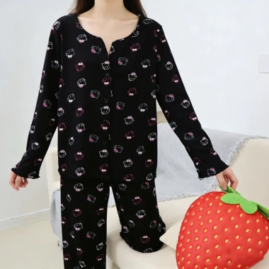 Bộ đồ ngủ Hello Kitty cotton gân xuân thu 2 mảnh in hình đáng yêu, thoải mái, giá ưu đãi 147k