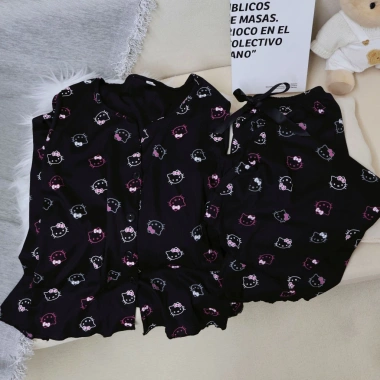 Bộ đồ ngủ Hello Kitty cotton gân xuân thu 2 mảnh in hình đáng yêu, thoải mái, giá ưu đãi 147k