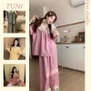 Bộ Đồ Ngủ Kẻ Caro Thắt Nơ Xinh Xắn - Áo Tay Cộc và Quần Dài Tuni.studio T09 Giá Ưu Đãi 125k