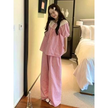 Bộ Đồ Ngủ Kẻ Caro Thắt Nơ Xinh Xắn - Áo Tay Cộc và Quần Dài Tuni.studio T09 Giá Ưu Đãi 125k 4