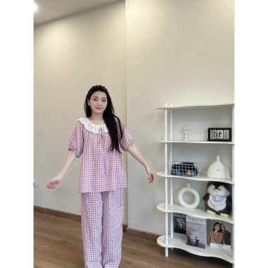 Bộ Đồ Ngủ Kẻ Caro Thắt Nơ Xinh Xắn - Áo Tay Cộc và Quần Dài Tuni.studio T09 Giá Ưu Đãi 125k 5