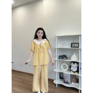 Bộ Đồ Ngủ Kẻ Caro Thắt Nơ Xinh Xắn - Áo Tay Cộc và Quần Dài Tuni.studio T09 Giá Ưu Đãi 125k 6