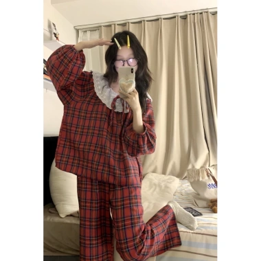 Bộ Đồ Ngủ Kẻ Sọc Đỏ Thắt Nơ Nữ - Áo Tay Dài + Quần Dài 65kg | T07DM Giá 155k 5