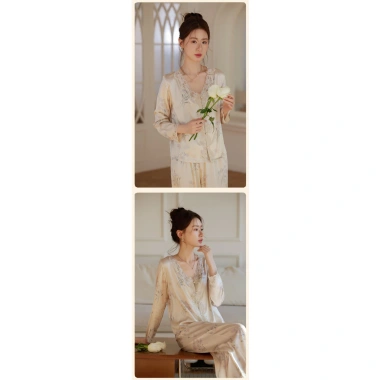 Bộ đồ ngủ lụa hai mảnh sang trọng – Áo V cổ chữ V, quần ren ống rộng, vải thoáng khí, chỉ 486.000 VND