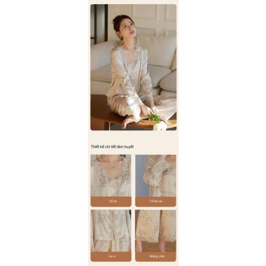 Bộ đồ ngủ lụa hai mảnh sang trọng – Áo V cổ chữ V, quần ren ống rộng, vải thoáng khí, chỉ 486.000 VND