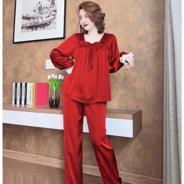 Bộ Đồ Ngủ Lụa Lantin Dài Tay, Pijama Cổ Vuông Ren Tiểu Thư - Giá 161.699₫ 3