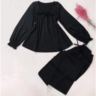 Bộ Đồ Ngủ Lụa Lantin Dài Tay, Pijama Cổ Vuông Ren Tiểu Thư - Giá 161.699₫ 5